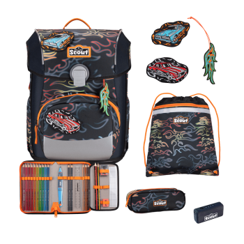 Scout Neo Exklusiv Safety Light Flames  Schulranzen Set 4 tlg. inkl. 3x AA Batterien
